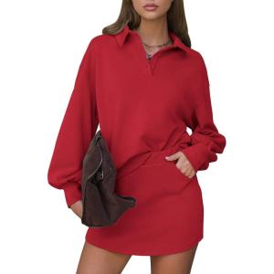 imageEXLURA Women Two Piece Sets 2025 Casual Polo Sweatshirt Skorts Matching Set Short Tennis Skirt Fall Workout Tracksuit OutfitsRed