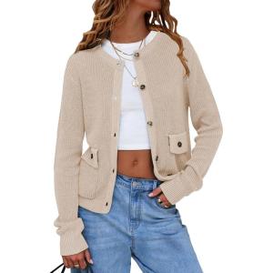 imageEXLURA Womens 2025 Knit Cardigan Sweaters Early Fall Fashion Long Sleeve Open Front Button Down Trendy Casual Cropped JacketBeige