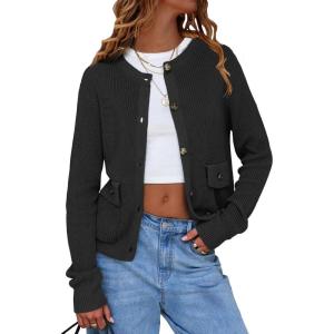 imageEXLURA Womens 2025 Knit Cardigan Sweaters Early Fall Fashion Long Sleeve Open Front Button Down Trendy Casual Cropped JacketBlack