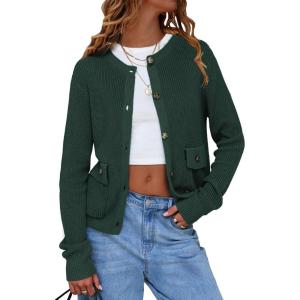 imageEXLURA Womens 2025 Knit Cardigan Sweaters Early Fall Fashion Long Sleeve Open Front Button Down Trendy Casual Cropped JacketDark Green