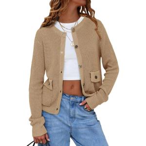 imageEXLURA Womens 2025 Knit Cardigan Sweaters Early Fall Fashion Long Sleeve Open Front Button Down Trendy Casual Cropped JacketDark Khaki