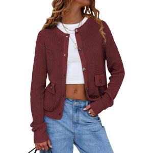 imageEXLURA Womens 2025 Knit Cardigan Sweaters Early Fall Fashion Long Sleeve Open Front Button Down Trendy Casual Cropped JacketDark Red