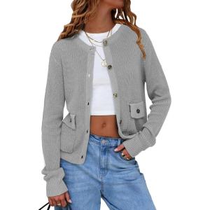 imageEXLURA Womens 2025 Knit Cardigan Sweaters Early Fall Fashion Long Sleeve Open Front Button Down Trendy Casual Cropped JacketGrey