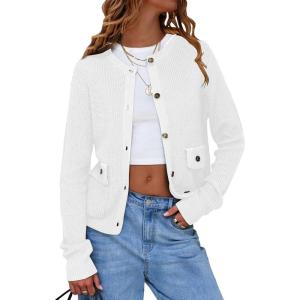 imageEXLURA Womens 2025 Knit Cardigan Sweaters Early Fall Fashion Long Sleeve Open Front Button Down Trendy Casual Cropped JacketWhite