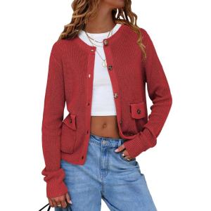 imageEXLURA Womens 2025 Knit Cardigan Sweaters Early Fall Fashion Long Sleeve Open Front Button Down Trendy Casual Cropped JacketWine Red