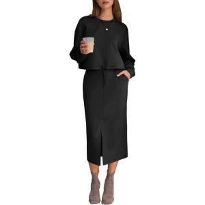 imageEXLURA Womens 2 Piece Skirts Set Fall Airport Drawstring Sweatshirts Midi Skirt Dress Lounge Sets Travel Outfits Winter 2025Black