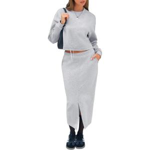 imageEXLURA Womens 2 Piece Skirts Set Fall Airport Drawstring Sweatshirts Midi Skirt Dress Lounge Sets Travel Outfits Winter 2025Grey