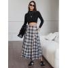 imageEXLURA Womens Flannel Plaid Long Skirts High Waist A Line Flared Pleated Maxi Skirt Dress Casual Vintage Office with PocketsDark Blue Plaid