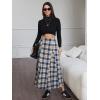 imageEXLURA Womens Flannel Plaid Long Skirts High Waist A Line Flared Pleated Maxi Skirt Dress Casual Vintage Office with PocketsDark Blue Plaid