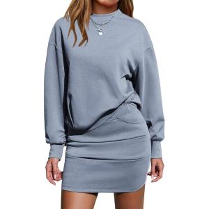 imageEXLURA Womens Fall 2 Piece Skirt Sets Long Sleeve Mock Neck Sweatshirt Skort Matching Set Casual Lounge Airport Outfits 2025Grey Blue