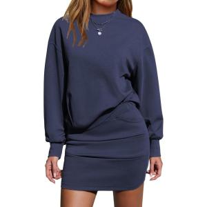 imageEXLURA Womens Fall 2 Piece Skirt Sets Long Sleeve Mock Neck Sweatshirt Skort Matching Set Casual Lounge Airport Outfits 2025Navy Blue