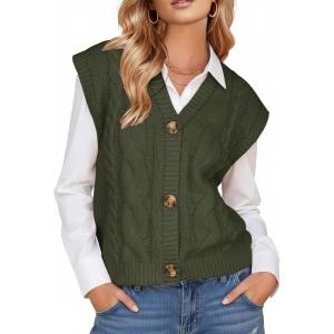 imageEXLURA Womens Fall Fashion Sweaters Vest Tops Sleeveless Button Down V Neck Chunky Cable Knit Cardigan Trendy Outfits 2025Army Green