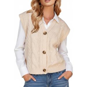 imageEXLURA Womens Fall Fashion Sweaters Vest Tops Sleeveless Button Down V Neck Chunky Cable Knit Cardigan Trendy Outfits 2025Beige