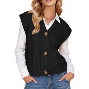 imageEXLURA Womens Fall Fashion Sweaters Vest Tops Sleeveless Button Down V Neck Chunky Cable Knit Cardigan Trendy Outfits 2025Black