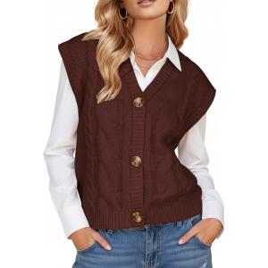 imageEXLURA Womens Fall Fashion Sweaters Vest Tops Sleeveless Button Down V Neck Chunky Cable Knit Cardigan Trendy Outfits 2025Brown