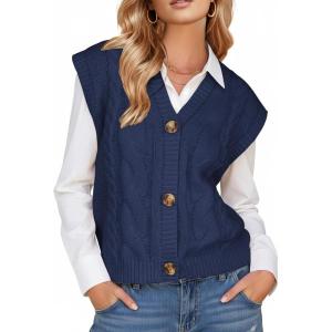 imageEXLURA Womens Fall Fashion Sweaters Vest Tops Sleeveless Button Down V Neck Chunky Cable Knit Cardigan Trendy Outfits 2025Dark Blue