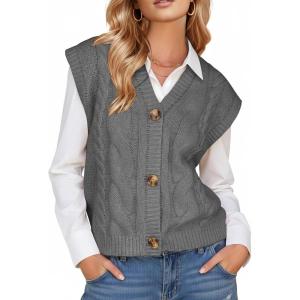 imageEXLURA Womens Fall Fashion Sweaters Vest Tops Sleeveless Button Down V Neck Chunky Cable Knit Cardigan Trendy Outfits 2025Grey