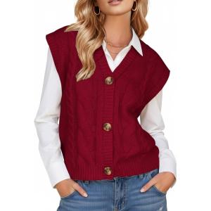 imageEXLURA Womens Fall Fashion Sweaters Vest Tops Sleeveless Button Down V Neck Chunky Cable Knit Cardigan Trendy Outfits 2025Wine Red
