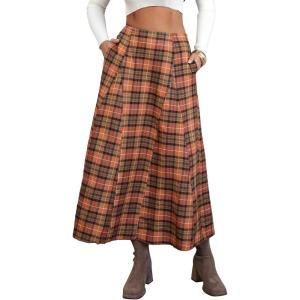 imageEXLURA Womens Flannel Plaid Long Skirts High Waist A Line Flared Pleated Maxi Skirt Dress Casual Vintage Office with PocketsCaramel Plaid
