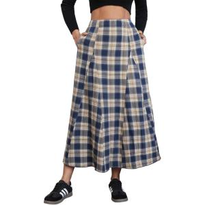 imageEXLURA Womens Flannel Plaid Long Skirts High Waist A Line Flared Pleated Maxi Skirt Dress Casual Vintage Office with PocketsDark Blue Plaid