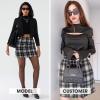 imageEXLURA Womens Faux Wool Plaid Mini Skirt Elastic High Waisted Tweed Skirts Button Bodycon Skirt Fall Winter Outfit PocketBlack Plaid