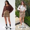 imageEXLURA Womens Faux Wool Plaid Mini Skirt Elastic High Waisted Tweed Skirts Button Bodycon Skirt Fall Winter Outfit PocketBrown Plaid