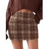 imageEXLURA Womens Faux Wool Plaid Mini Skirt Elastic High Waisted Tweed Skirts Button Bodycon Skirt Fall Winter Outfit PocketCoffee Plaid