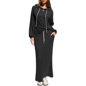 imageEXLURA Women 2 Piece Outfits Fall Airport Long Sleeve Hoodies Matching Long Skirt Dress Sweatsuits Lounge Sets Winter 2025Black