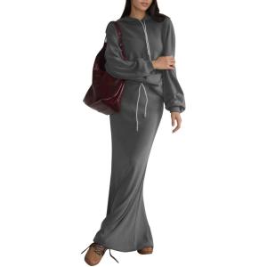 imageEXLURA Women 2 Piece Outfits Fall Airport Long Sleeve Hoodies Matching Long Skirt Dress Sweatsuits Lounge Sets Winter 2025Dark Grey