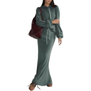 imageEXLURA Women 2 Piece Outfits Fall Airport Long Sleeve Hoodies Matching Long Skirt Dress Sweatsuits Lounge Sets Winter 2025Grey Green