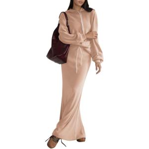 imageEXLURA Women 2 Piece Outfits Fall Airport Long Sleeve Hoodies Matching Long Skirt Dress Sweatsuits Lounge Sets Winter 2025Khaki