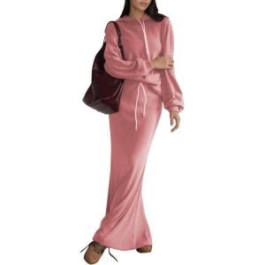 imageEXLURA Women 2 Piece Outfits Fall Airport Long Sleeve Hoodies Matching Long Skirt Dress Sweatsuits Lounge Sets Winter 2025Peach Pink