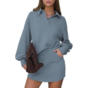 imageEXLURA Women 2 Piece Outfits Fall Airport Polo Sweatshirt Skirt Set Skort Workout Sweatsuits Matching Lounge Sets Winter 2025Grey Blue