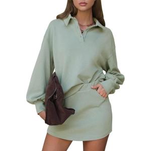imageEXLURA Women 2 Piece Outfits Fall Airport Polo Sweatshirt Skirt Set Skort Workout Sweatsuits Matching Lounge Sets Winter 2025Grey Green