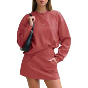 imageEXLURA Women 2 Piece Set Airport Outfit 2025 Fall Skirt Sets Cotton Travel Sweat Suit Casual Lounge Crewneck Sweatshirt SkortDark Red