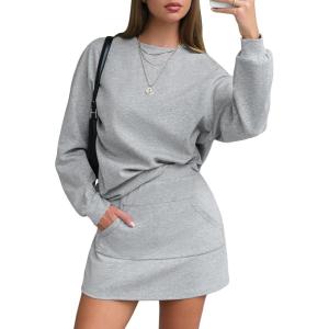 imageEXLURA Women 2 Piece Set Airport Outfit 2025 Fall Skirt Sets Cotton Travel Sweat Suit Casual Lounge Crewneck Sweatshirt SkortGrey