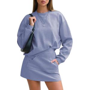 imageEXLURA Women 2 Piece Set Airport Outfit 2025 Fall Skirt Sets Cotton Travel Sweat Suit Casual Lounge Crewneck Sweatshirt SkortGrey Blue
