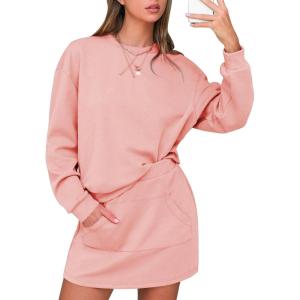 imageEXLURA Women 2 Piece Set Airport Outfit 2025 Fall Skirt Sets Cotton Travel Sweat Suit Casual Lounge Crewneck Sweatshirt SkortPink