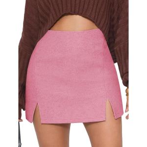 imageEXLURA Womens Fashion Faux Wool Mini Skirt High Waisted Y2K Trendy Side Slit Tweed Plaid Skirts 2025 Fall Winter OutfitsPink