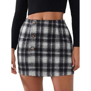 imageEXLURA Womens Faux Wool Plaid Mini Skirt Elastic High Waisted Tweed Skirts Button Bodycon Skirt Fall Winter Outfit PocketBlack Plaid