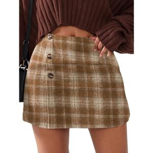 imageEXLURA Womens Faux Wool Plaid Mini Skirt Elastic High Waisted Tweed Skirts Button Bodycon Skirt Fall Winter Outfit PocketBrown Plaid