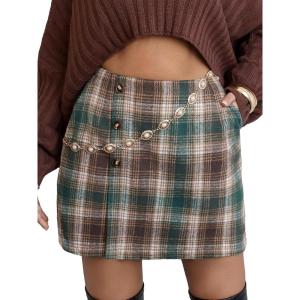 imageEXLURA Womens Faux Wool Plaid Mini Skirt Elastic High Waisted Tweed Skirts Button Bodycon Skirt Fall Winter Outfit PocketGreen Plaid