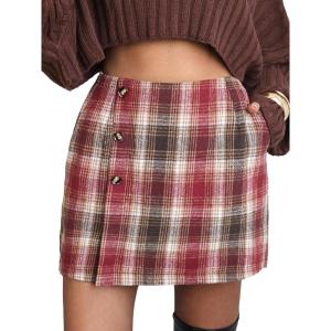 imageEXLURA Womens Faux Wool Plaid Mini Skirt Elastic High Waisted Tweed Skirts Button Bodycon Skirt Fall Winter Outfit PocketWine Plaid