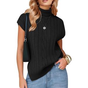imageEXLURA Womens Turtleneck Sleeveless Sweater Vest Casual Short Cap Sleeve Knit Pullover Tank Tops 2025 Fashion Fall ClothesBlack