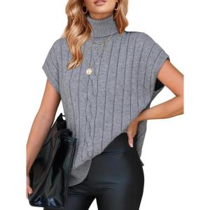 imageEXLURA Womens Turtleneck Sleeveless Sweater Vest Casual Short Cap Sleeve Knit Pullover Tank Tops 2025 Fashion Fall ClothesGrey