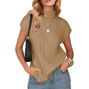 imageEXLURA Womens Turtleneck Sleeveless Sweater Vest Casual Short Cap Sleeve Knit Pullover Tank Tops 2025 Fashion Fall ClothesLight Brown