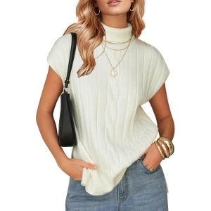 imageEXLURA Womens Turtleneck Sleeveless Sweater Vest Casual Short Cap Sleeve Knit Pullover Tank Tops 2025 Fashion Fall ClothesWhite