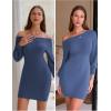 imageEXLURA Womens 2025 Fall Off Shoulder Bodycon Sweater Dress Ribbed Long Sleeve Pullover Club Party Sexy Winter Mini DressesDark Blue