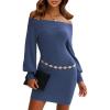 imageEXLURA Womens 2025 Fall Off Shoulder Bodycon Sweater Dress Ribbed Long Sleeve Pullover Club Party Sexy Winter Mini DressesDark Blue
