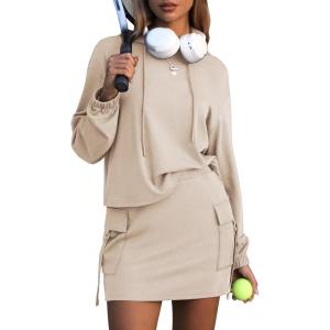 imageEXLURA Women Two Piece Set Cotton Sweatsuit Travel Airport Outfits Fall Tracksuit Hooded Sweatshirt Cargo Skort Skirt PocketsApricot